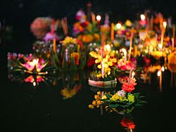 Kratongs floating in the water