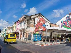 Phuket Old Town’s famous Thalang Road is alive colorful Sino-Portuguese shophouses and unique street art