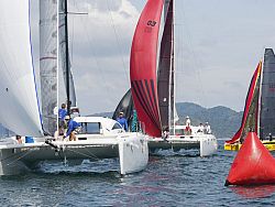 Multihulls rounding a mark during a race