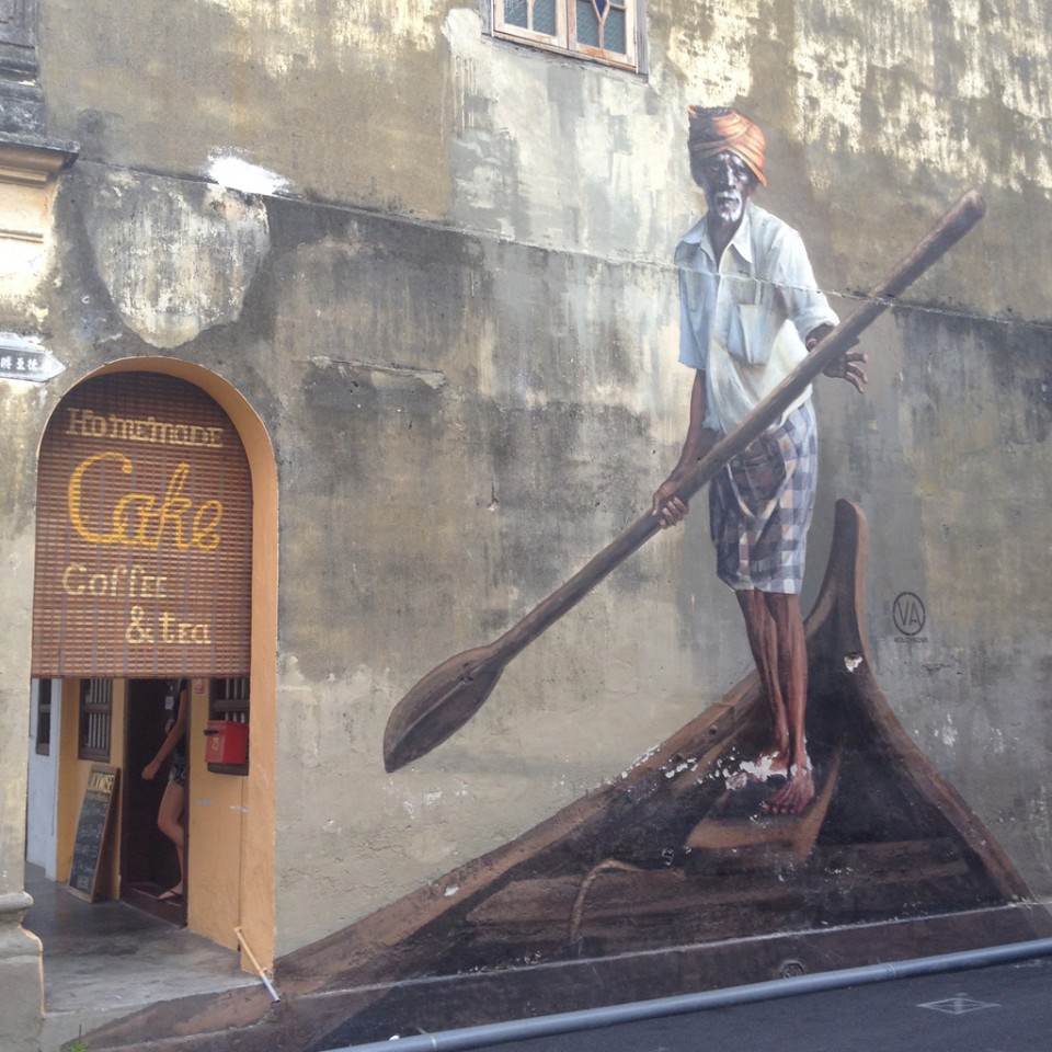 Street art mural of a gondolier