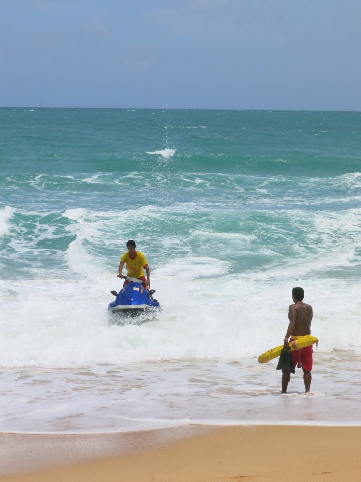 Local lifeguards paroling the sea during southwest monsoon season.